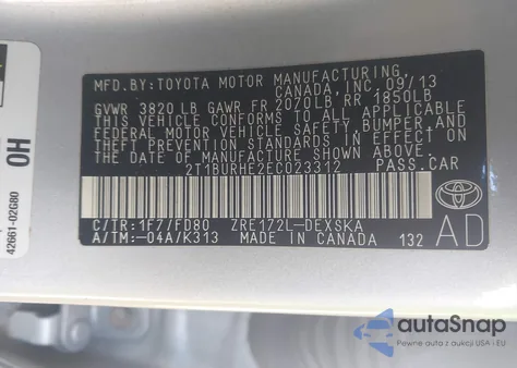 2014 Toyota Corolla S Plus from USA, damaged, VIN 2T1BURHE2EC023312